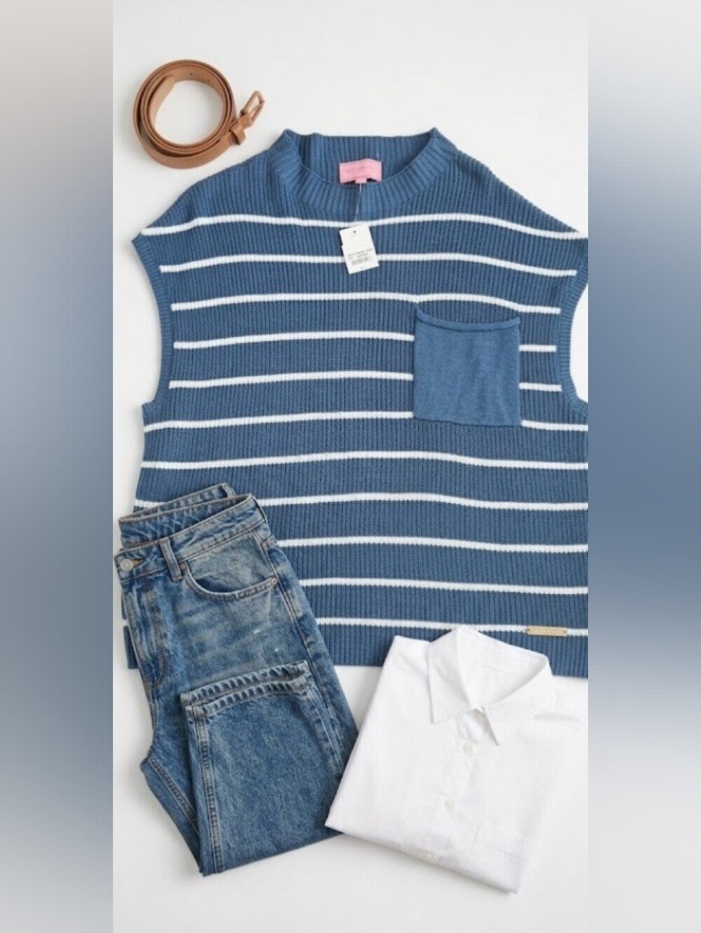 Simply Southern NWT Blue White Striped Sweater Vest Pocket Size Large.